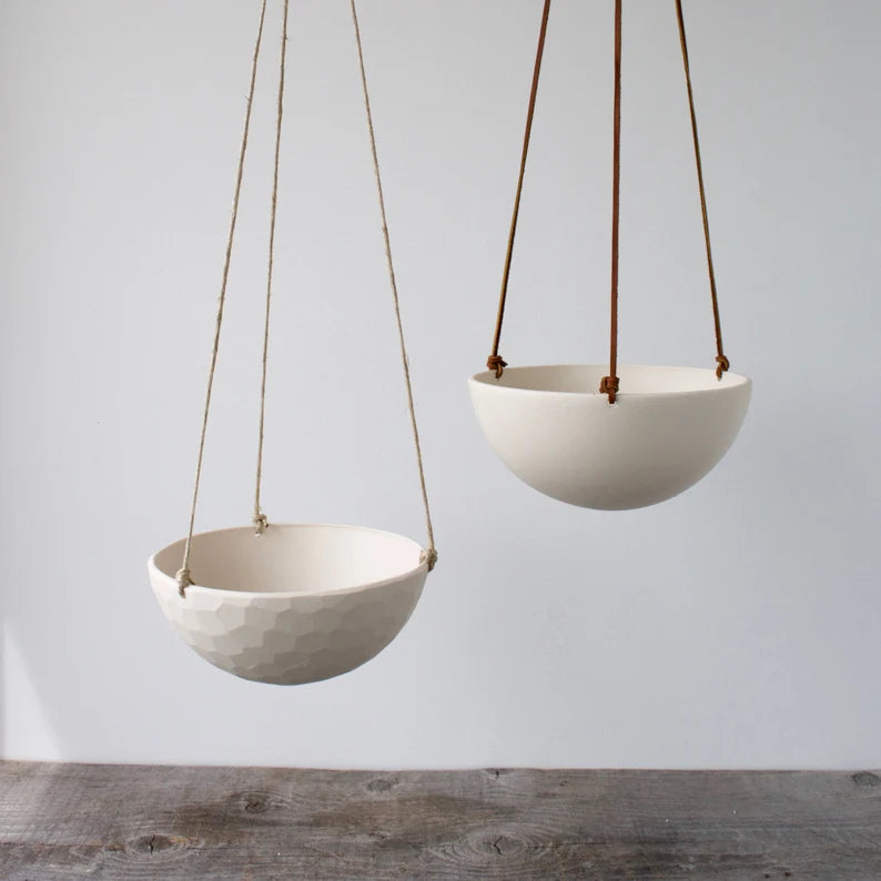 Medium Hanging Planter, Porcelain Ceramic, Geometric Faceted or Smooth finish, choose your Cording
