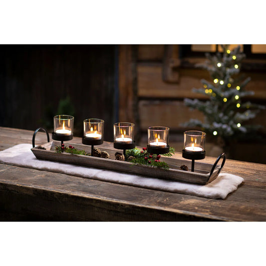 5-Pillar Candelabra Centerpiece with Glass Cups and Rustic Wood Tray