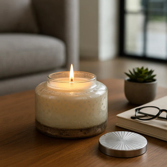 Decorative Speckled Glass Candle for Living Room Decor - Modern Home Decor Candle for Bedroom Styling, Coffee Table Accent, or Bookshelf - 7"