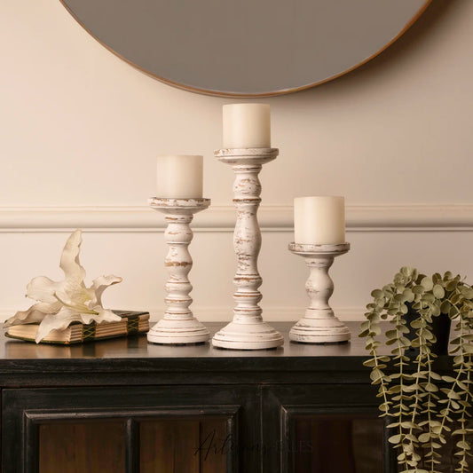 12'' Handcrafted Mango Wood Pillar Candle Holder Set – Rustic 3-Piece Set for LED Candles