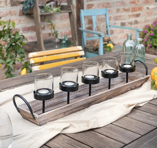 5-Pillar Candelabra Centerpiece with Glass Cups and Rustic Wood Tray