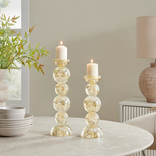 Enya Champagne Gold Tint Bubble Glass Stacked Orb Pillar Candle Holder Set Of 2