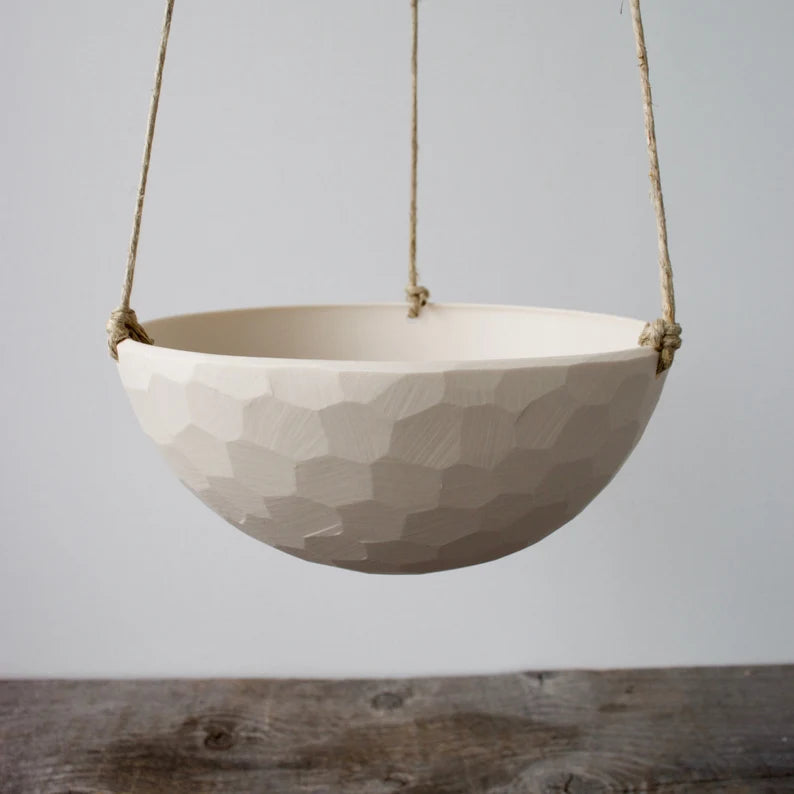 Medium Hanging Planter, Porcelain Ceramic, Geometric Faceted or Smooth finish, choose your Cording