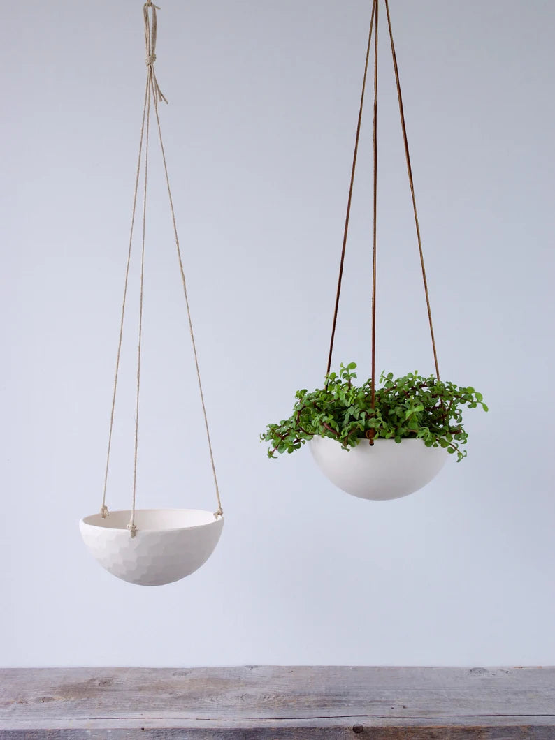 Medium Hanging Planter, Porcelain Ceramic, Geometric Faceted or Smooth finish, choose your Cording