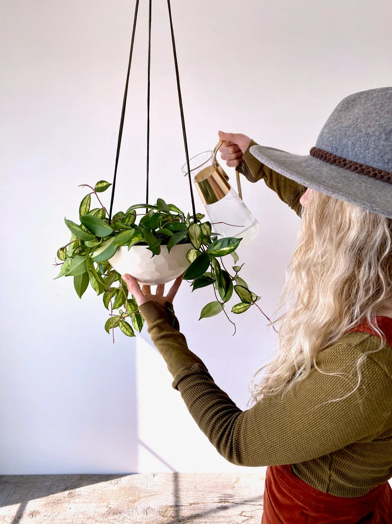 Medium Hanging Planter, Porcelain Ceramic, Geometric Faceted or Smooth finish, choose your Cording