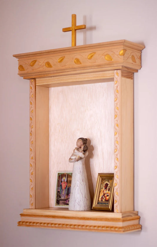 Catholic Wall Shrine – Wooden Home Altar for Family Prayer Corner | Handcrafted Shelf for Statues, Rosary, and Sacred Decor