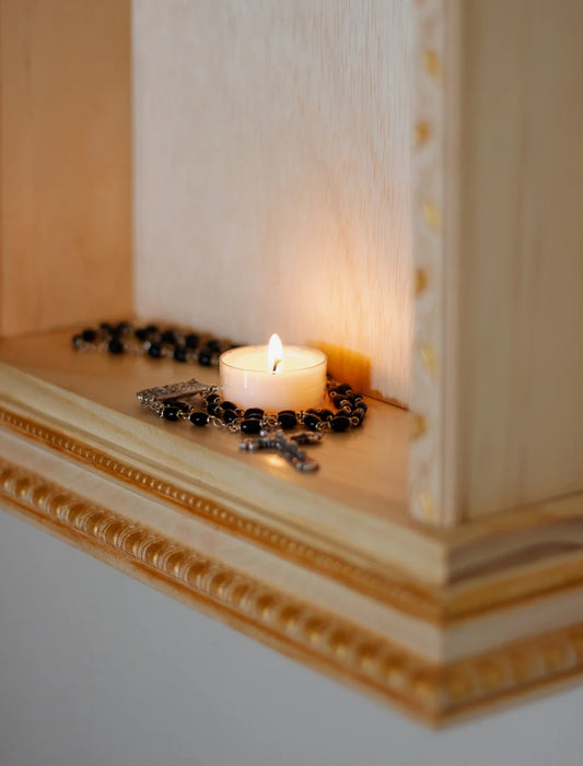 Catholic Wall Shrine – Wooden Home Altar for Family Prayer Corner | Handcrafted Shelf for Statues, Rosary, and Sacred Decor